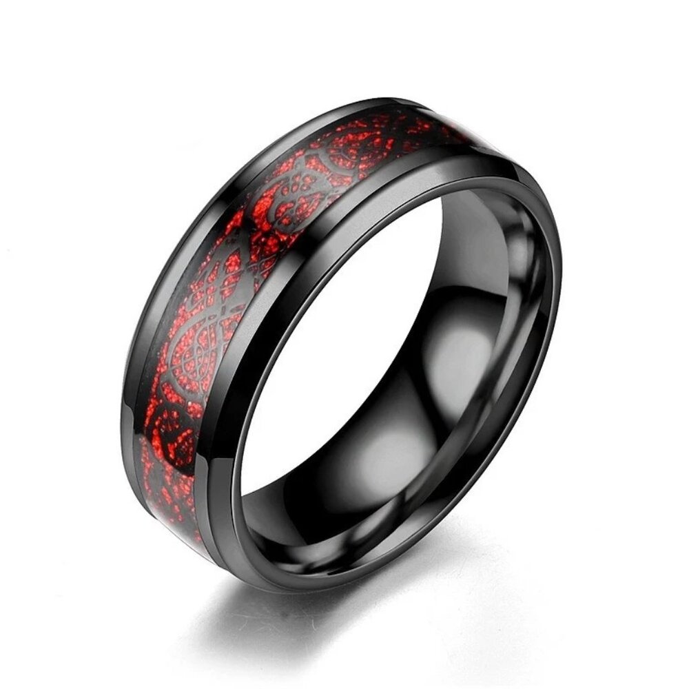 Exquisite Black Tungsten Carbide Ring with Red Celtic Dragon Inlay -  Size 9